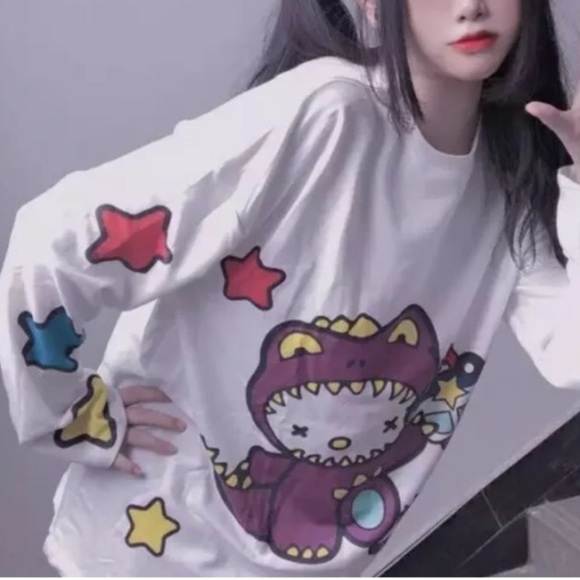 Tops - Shirt top kitty white dinosaur cute cartoon womens girl kawaii fashion